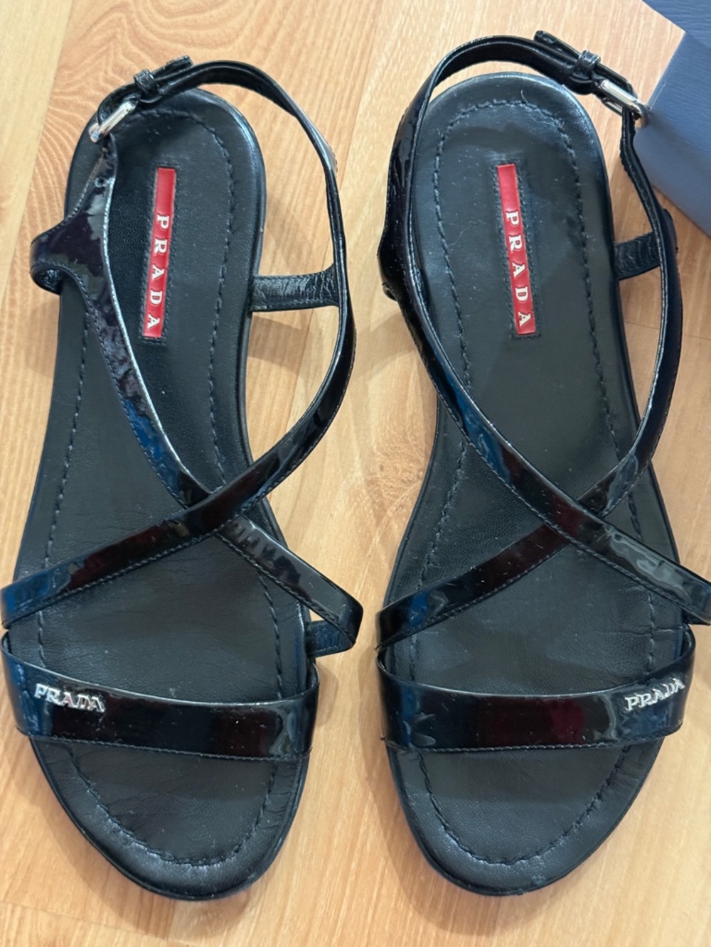 Prada Black Patent Leather Strappy Flat Sandals with box